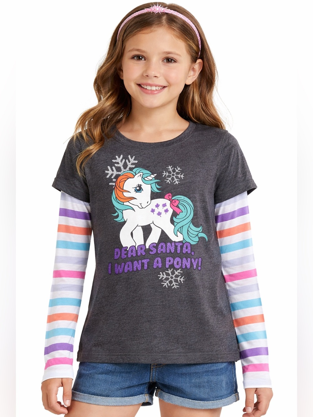 My Little Pony Girls Top Size M 7/8 Rainbow Sleeve Graphic Tee Dear Santa…
